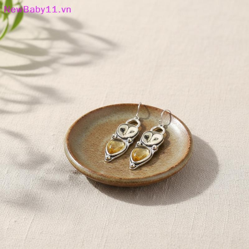 NewBaby Retro Bạc Barn Owl Tòn Ten Bông Tai Màu Vàng Tự Nhiên Citrine Inlay Mặc Hàng Ngày Đảng Quà T