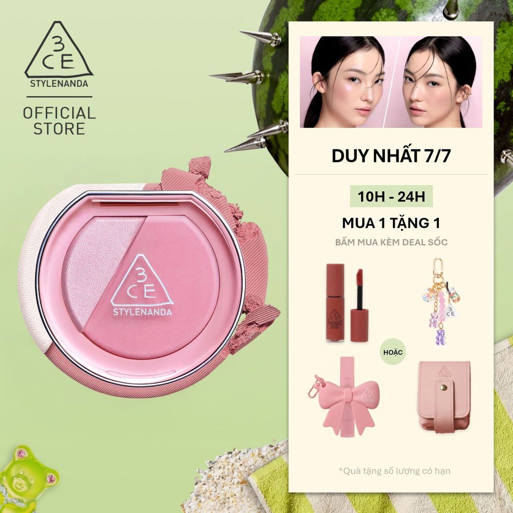 Phấn Má Hồng Bắt Sáng 3CE Blushlighter 2-Trong-1 Đa Năng, Dễ Tán, Tệp Da, Lâu Trôi, Rạng Rỡ Suốt Ngày Dài