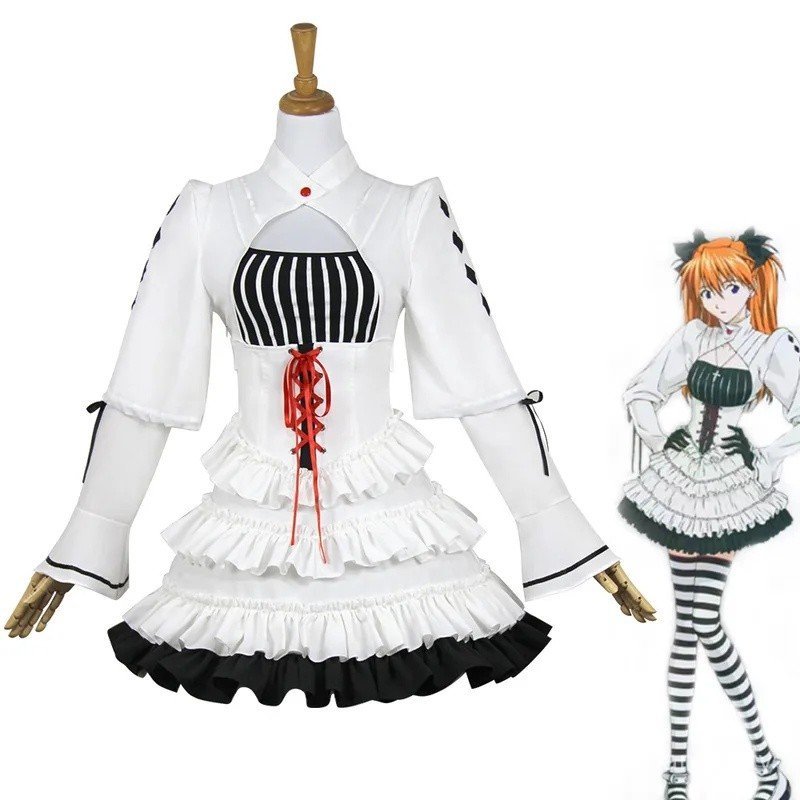 Asuka Cosplay Trang Phục Trắng Gothic Đầm Anime EVA Asuka Langley Soryu Tóc Giả Đồng Phục Halloween 