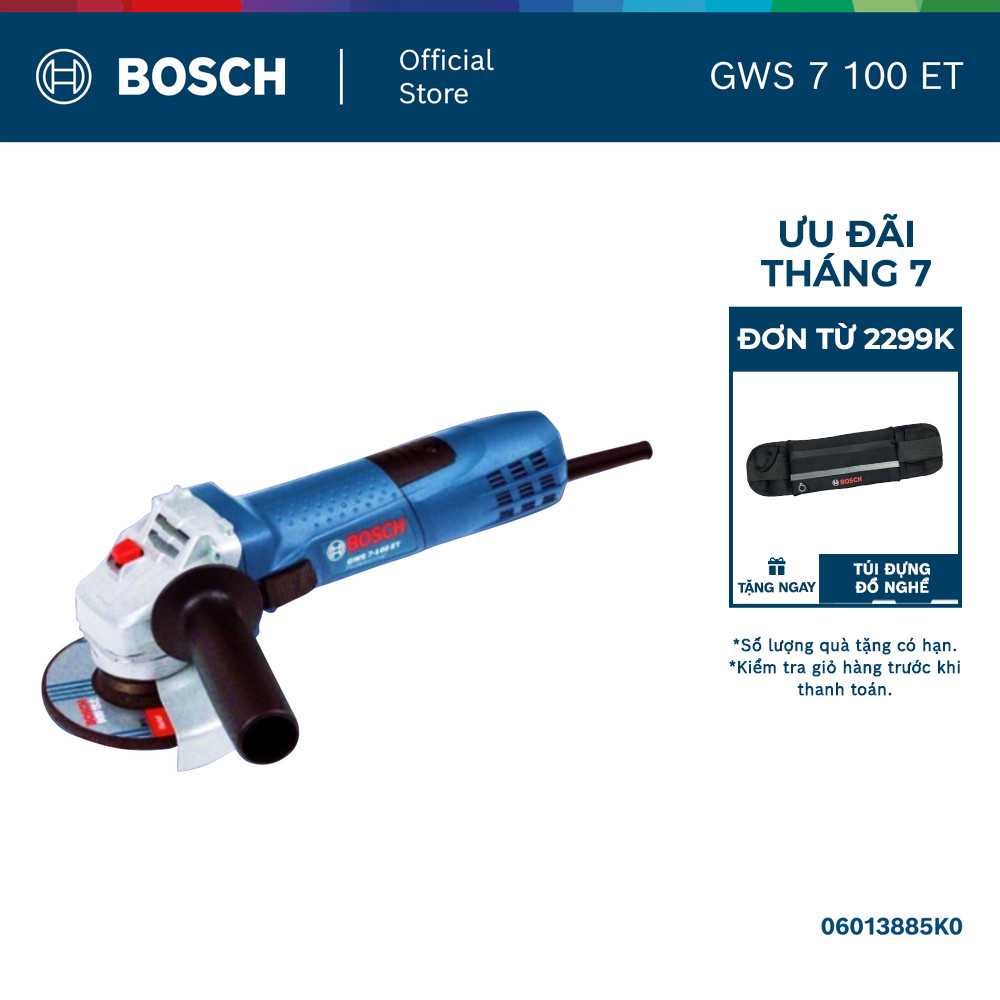 Máy mài góc Bosch GWS 7-100 ET - 1.8kg, 220V, 720W, Tốc độ không tải 2800-9300rpm