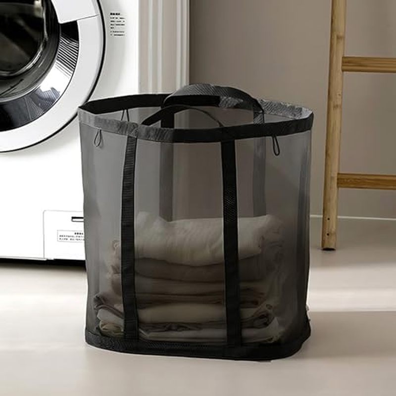 Mesh Bag with Handles, Collapsible Laundry Basket, Foldable Laundry Bag, Breathable Folding Beach Ba