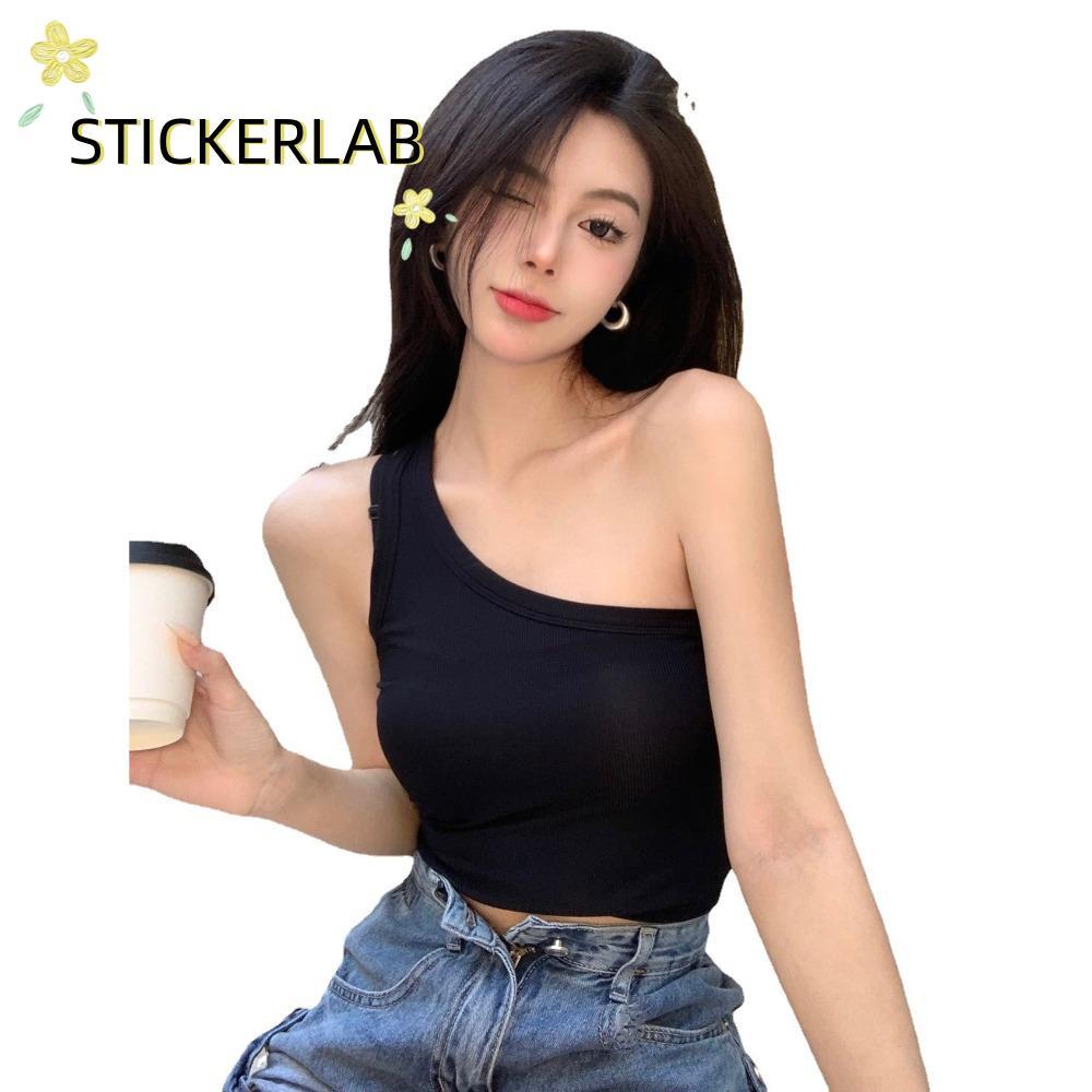 STICKERLAB Ice Silk Sling không đều, Spice Girl có miếng đệm ngực Áo Vest lưng đẹp, mùa hè Slim Casu