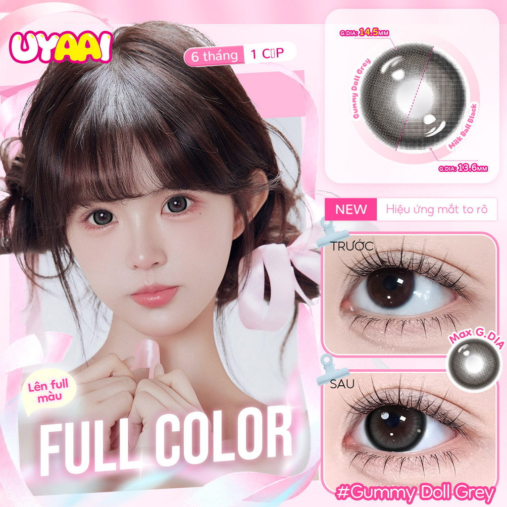 Kính áp tròng UYAAI Lens Max G.dia 14,5mm, Lens Mắt màu nâu xám, mắt chó con tròn, ngây thơ và đáng yêu