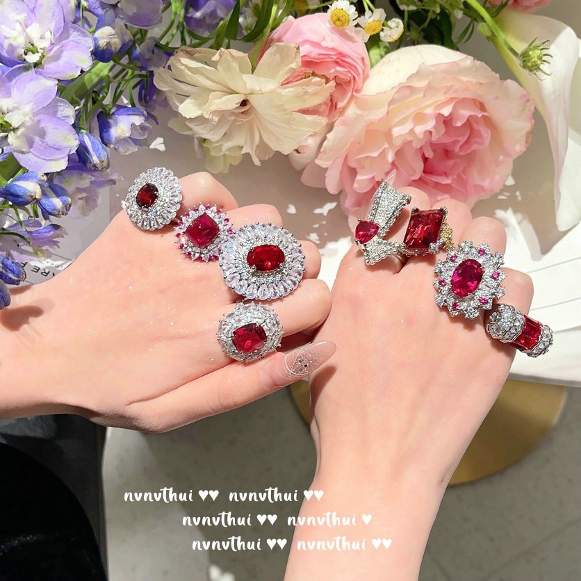 Mogu Bồ Câu Máu Hoa Ngô Đỏ Đá Quý Nhẫn Rupilai Mạ Vàng 18K Garnet Đỏ Zircon Nơ Nhẫn