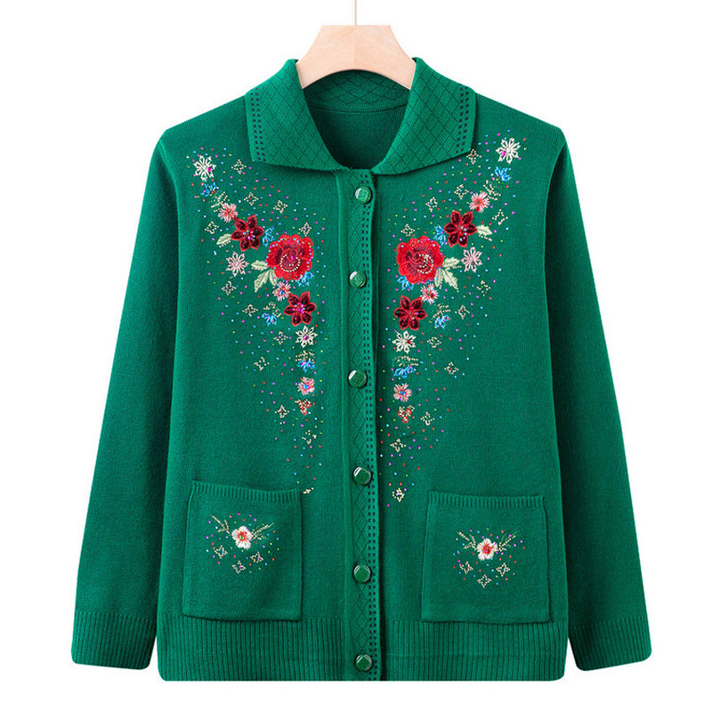 Người Trung Niên Người Cao Tuổi Thu Đông Áo Len Nữ Mẹ Mặc Cardigan 60 Tuổi 70 Bà Dệt Kim Bà Già Thu 