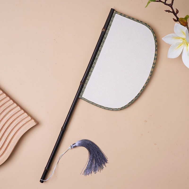 New Product#June breeze purple bamboo imitation leather silk fan with long handle, irregular-shaped 