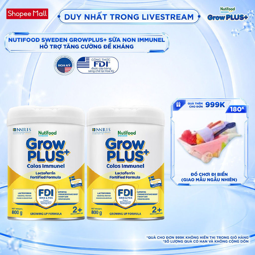 Combo 2 Sữa Bột Nutifood Sweden GrowPLUS+ Sữa Non Immunel trên 2 tuổi lon 800 g (Bao bì tuỳ lô hàng)