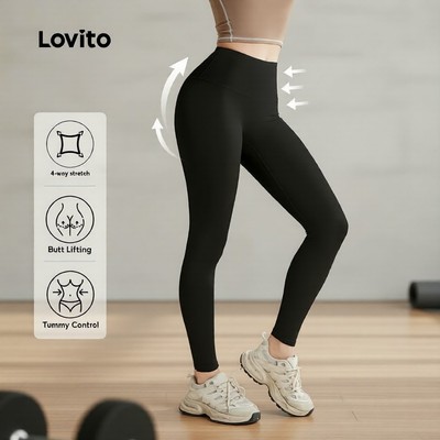 Lovito Phong cách thường ngày Quần legging nữ nâng mông cạp cao yoga kiểm soát bụng LNA109049