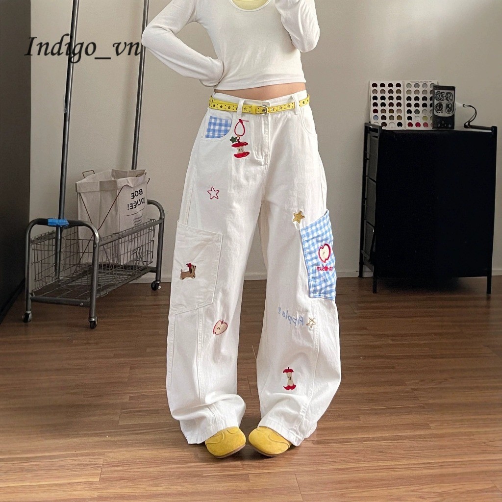 【Indigo】 Quần Jean Thêu Con Chó Con Retro Kẻ Sọc Khâu Túi Dụng Cụ Quần Ống Rộng