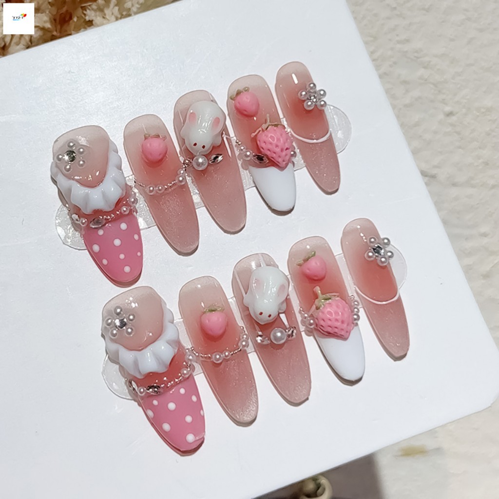 Bấm Vào Móng Tay Giả 10 Chiếc Dâu Thỏ Hoạt Hình Handmade Đầu Móng Tay Trang Trí Full Cover Bộ Làm Móng Tay Cho Móng Tay Tự Nhiên Nữ