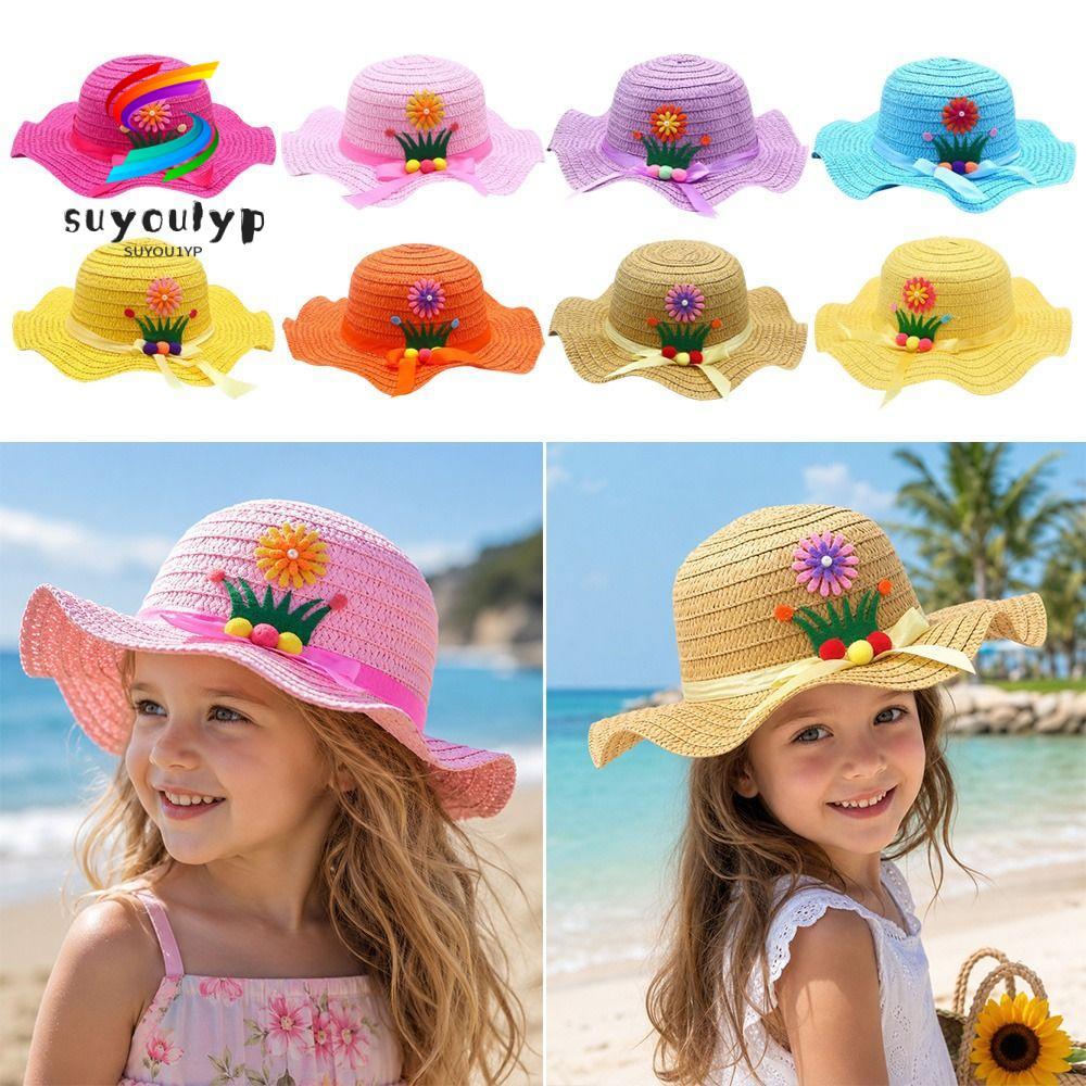 SUYOUMY Mũ Rơm, Mũ Chống Nắng 3-7Year Handmade, Trang Trí Hoa Ngọt Ngào Mũ Đi Biển