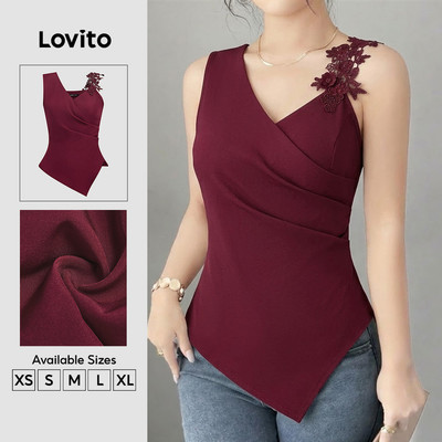 Lovito thanh lịch Áo Kiểu Dự Tiệc Màu Đỏ Phối Ren Dáng Bất Đối Xứng Màu Trắng Ngà Thích Hợp Cho Mùa Xuân/hè Dành Cho Nữ LK2ED133
