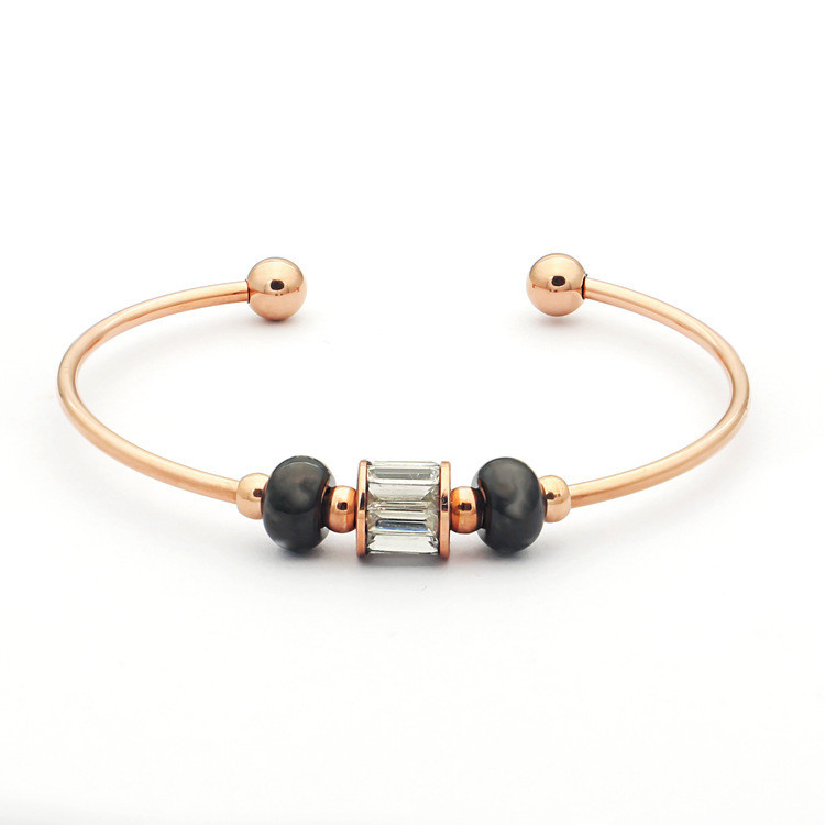 8ALP Drilled open bangle bracelet with round beads and cylinder design c Double black women's stripe