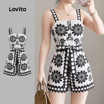 (New Arrival) Lovito Áo liền quần phong cách Boho họa tiết buộc phía trước thiết kế nút màu đen trắng phù hợp cho mùa Xuân/Hè dành cho nữ LK5ED1037