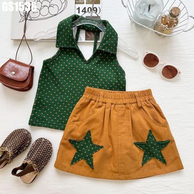 Set Bé Gái Áo Cổ Bẻ Sát Nách Phối Chân Váy Quần Ngôi Sao MINTSCLOSET GS1536