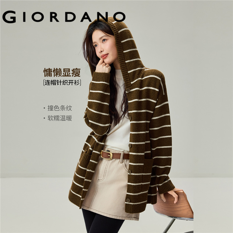 GIORDANO WOMEN Striped mid-length hooded cardigan 13356626