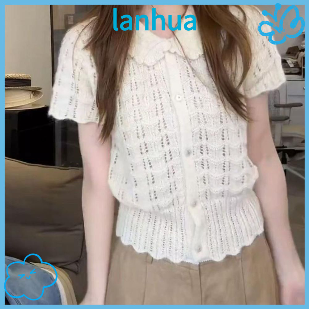 Áo sơ mi dệt kim tay ngắn LANHUA, họa tiết Openwork Crop Style Crop Top, Nút trước Peter Pan Collar 