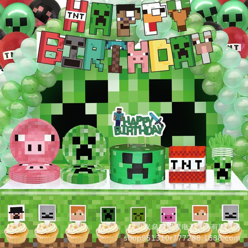 Mới Minecraft Sinh Nhật Tiếp Liệu Tiệc Pixel Wars Đĩa Giấy Cốc Giấy Kéo Cờ Sinh Nhật Cung Cấp