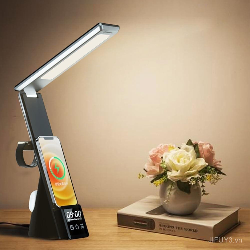 IHAO 6in1 Multifunctional Foldable LED Desk Lamp with Wireless Charger Digital Alarm Clock Eye-Care 