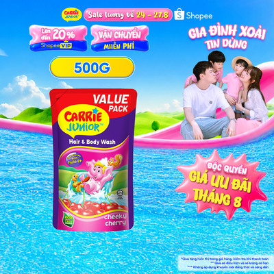 [Freeship toàn quốc] Túi Sữa Tắm Gội thiên nhiên Sạch Dịu Nhẹ & ẩm mịn Cho Bé Carrie Junior hương Cheeky Cherry 500G