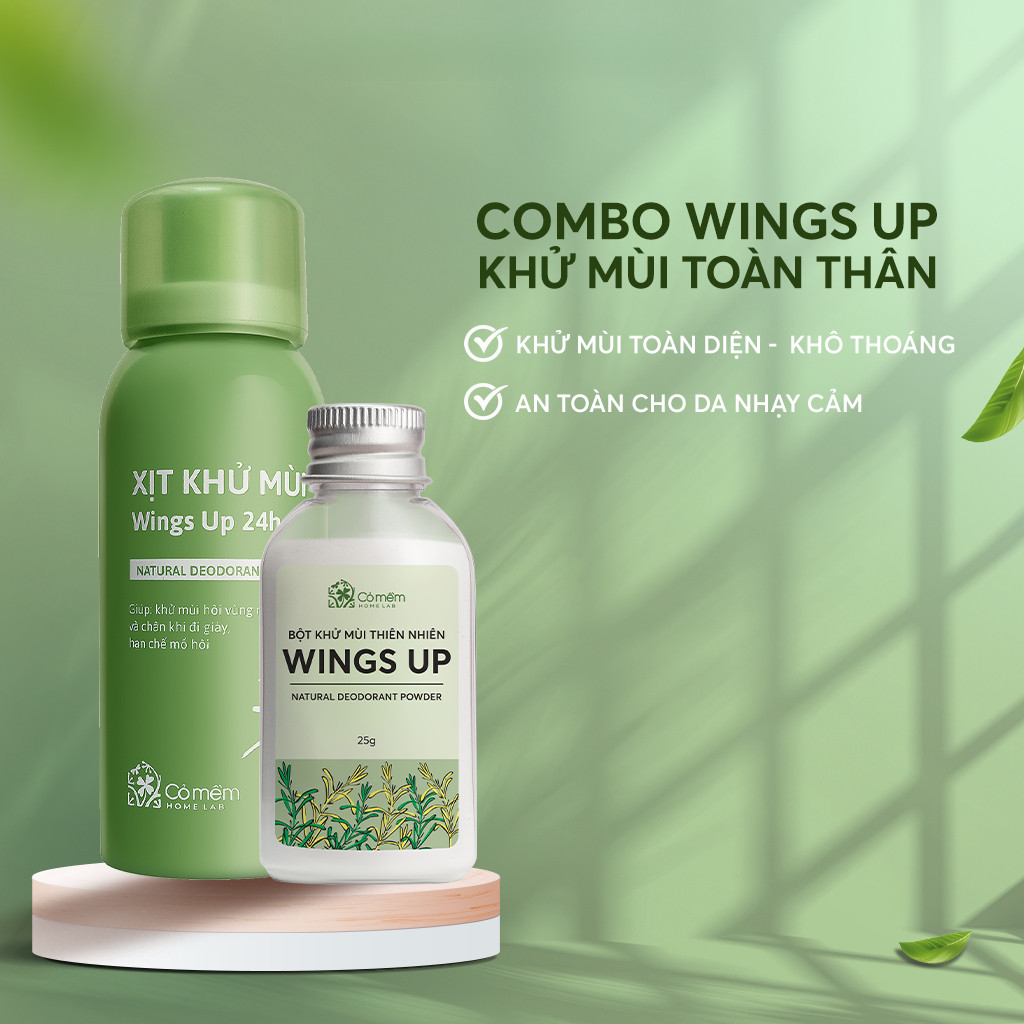 Combo Bột & Xịt Khử Mùi Wings Up Cỏ Mềm Hạn Chế Hôi Chân, Hôi Giày, Ngăn Tiết Mồ Hôi 100ml
