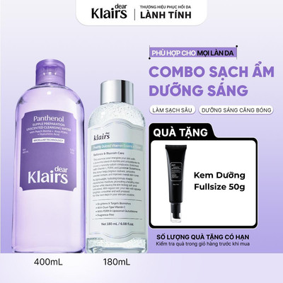 COMBO Dear Klairs Nước Tẩy trang Unscented Cleansing Water 400ml + Nước hoa hồng Vitamin Essence Toner 180ml [FS]