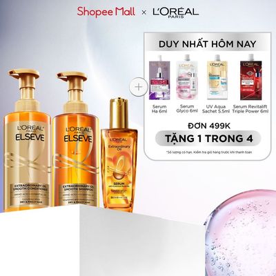 Bộ gội xả dưỡng tóc suôn mượt tóc cao cấp L'Oreal Paris Sleek 440ml x2 & Dầu dưỡng chiết xuất tinh dầu 100ml
