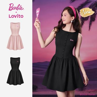 (New Arrival) Barbie™ X Lovito Váy Đầm Nữ Mini Hồng Xuân/Hè Dáng A Nút Trước Thêu Họa Tiết Vai Trống LBL5AD011