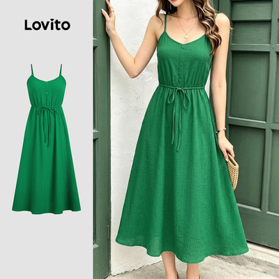 (New Arrival) Lovito Đầm xanh lá mùa xuân/hè dáng suông cài nút cho nữ L195AD085