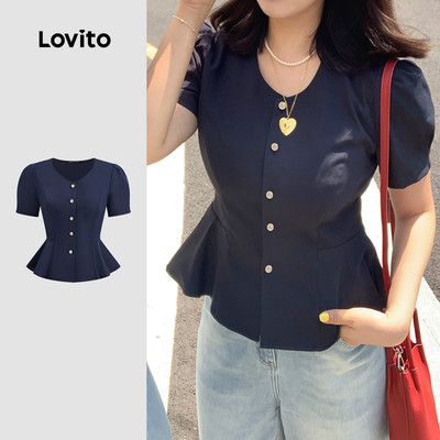 (thanh lịch) Lovito Áo sơ mi nữ bình thường có cổ xếp ly tay và đệm vai thích hợp mặc xuân/hè màu xanh navy L143AD621