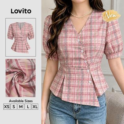 (New Arrival) Lovito Áo sơ mi nữ màu hồng không đối xứng mùa xuân/hè họa tiết nút thanh lịch BLK8P2D1091