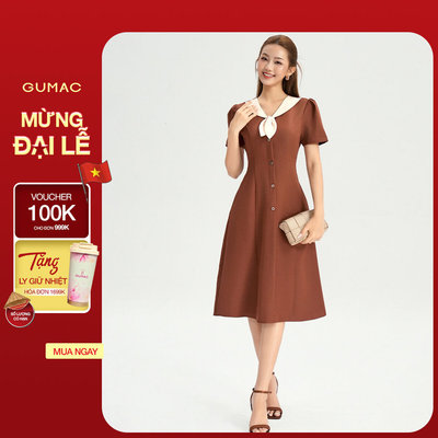 Đầm Chữ A Nữ GUMAC Váy Công Sở Dáng Xòe Cổ V Phối Bâu Đính Hoa Nút Gỗ Vintage Tôn Dáng LDG0304