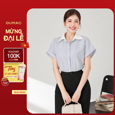 Áo Sơ Mi Nữ GUMAC Áo Kiểu Công Sở Kẻ Sọc Xanh Tay Ngắn Chất Cotton Thiết Kế Phối Cổ Trẻ Trung LAF0322