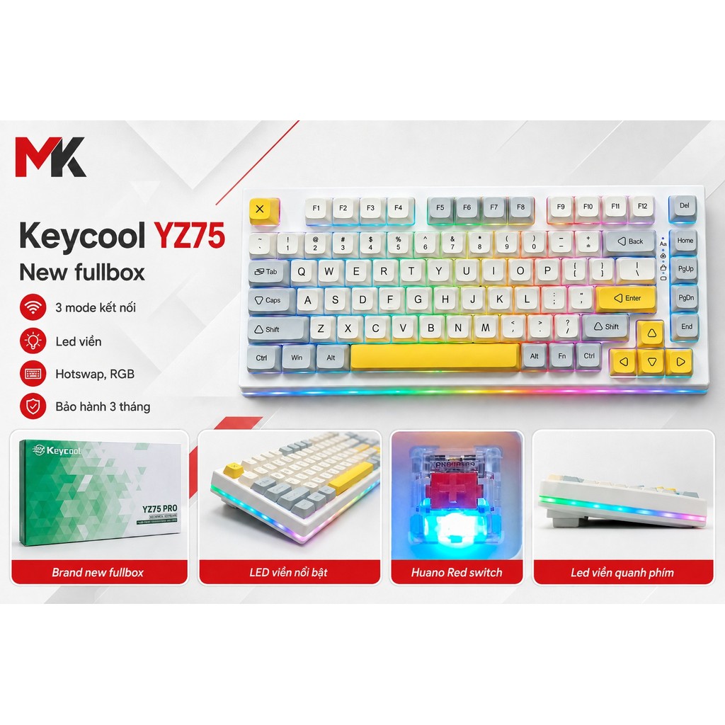 Bàn Phím Cơ Keycool YZ75 (New Fullbox) - 3 Mode, Hotswap Mạch Xuôi, LED Viền | MKShop