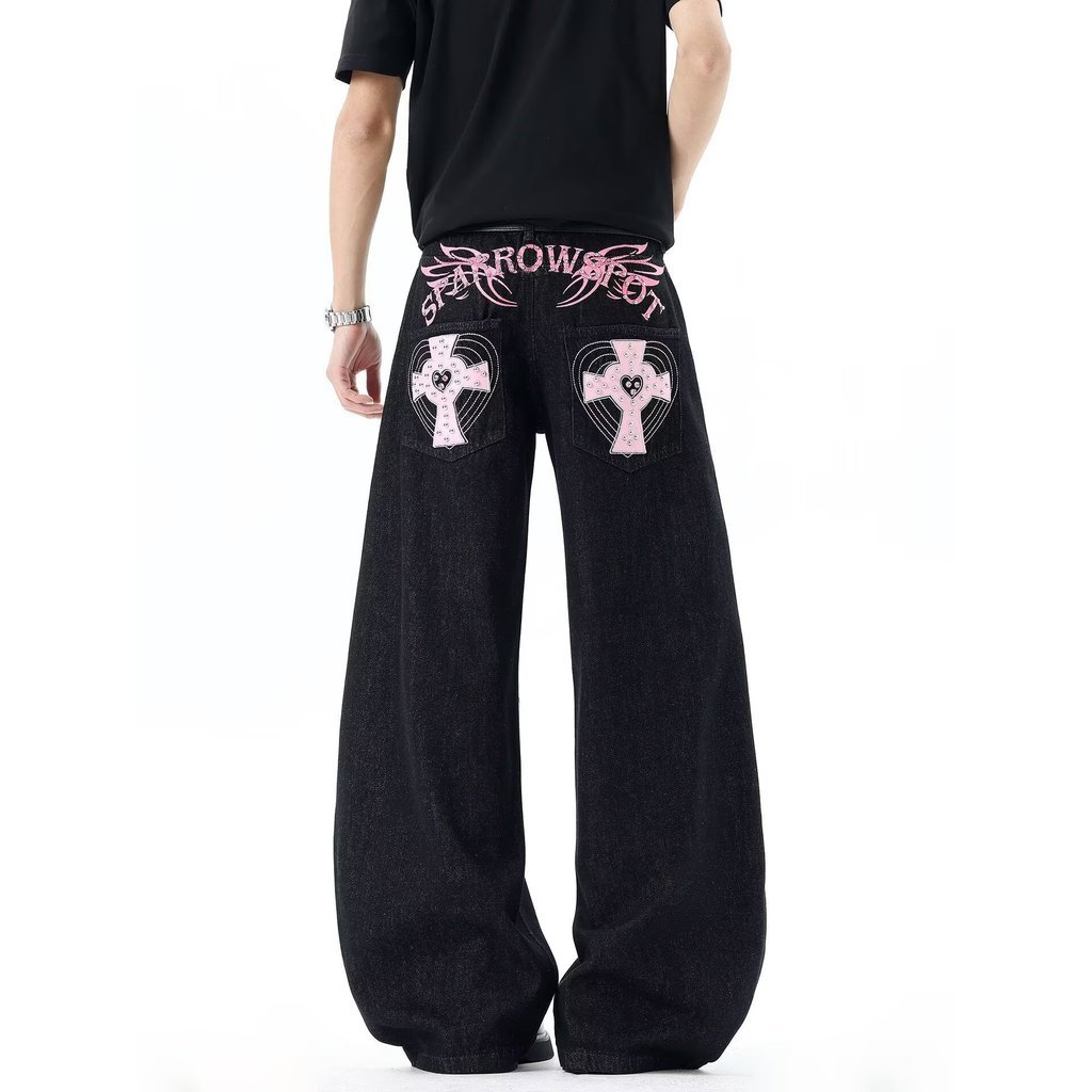 JADED LONDON Âu Mỹ Hợp Thời Trang Phong Cách Retro Cánh Đeo Chéo Nam Nữ Thẳng Ống Rộng Quần Jeans