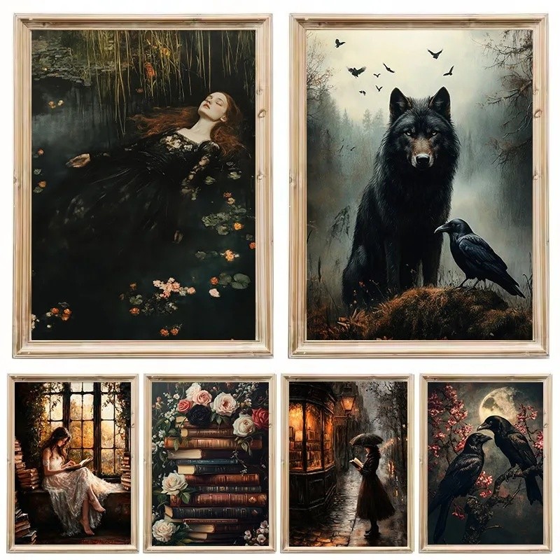 JJQS Fantasy Dark Gothic Ophelia Rừng Sói và Raven Huyền Bí Động Vật Hoang Dã Poster Canvas Tranh Tr