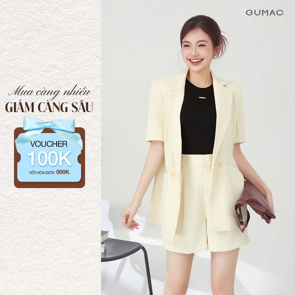 Set Lẻ Áo Khoác Vest GUMAC Form Suông Tay Ngắn OWF03028 - Quần Shorts Dáng A Suông Chiết Ly Trẻ Trun
