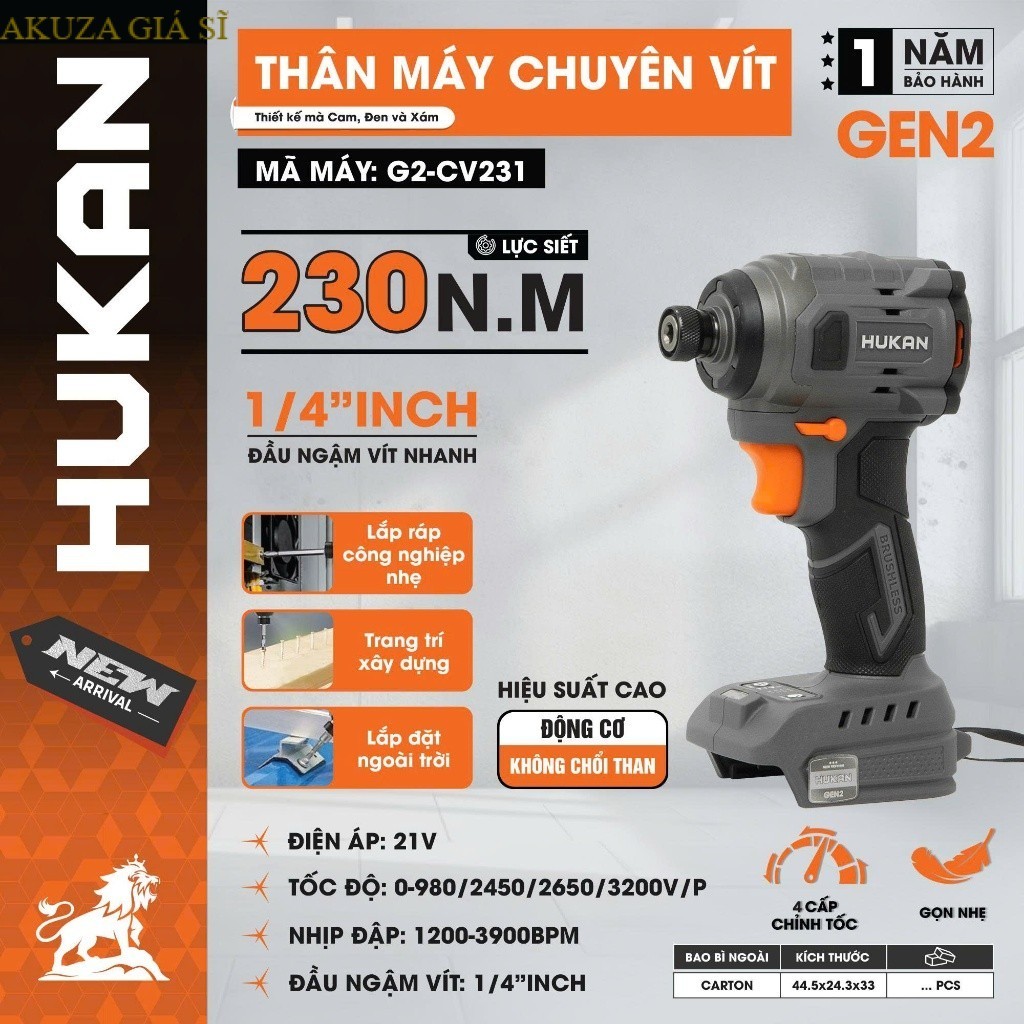 Thân Máy Chuyên Vít HUKAN G2-CV231| Lực siết 230N.m, Đầu 1/4Inch ngậm vít nhanh AKUZA GIÁ SĨ
