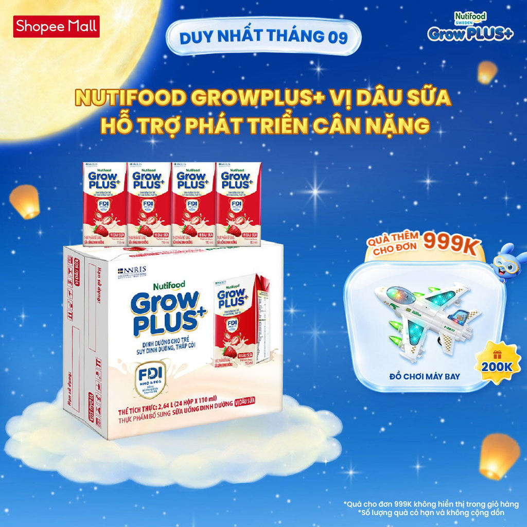 Thùng 24 hộp Sữa bột pha sẵn Nutifood GrowPLUS+ Vị Dâu hộp 110ml - Trên 1 tuổi (24 hộp x 110ml)