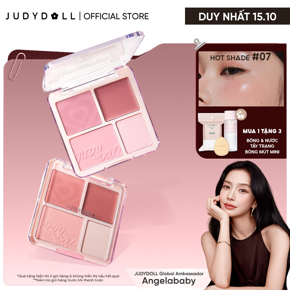 Bảng Phấn Má Hồng & Bắt Sáng 4 Ô JUDYDOLL Blush & Highlight Palette Chất phấn + Má hồng kem Mềm mịn Tiệp da Lâu Trôi 9g