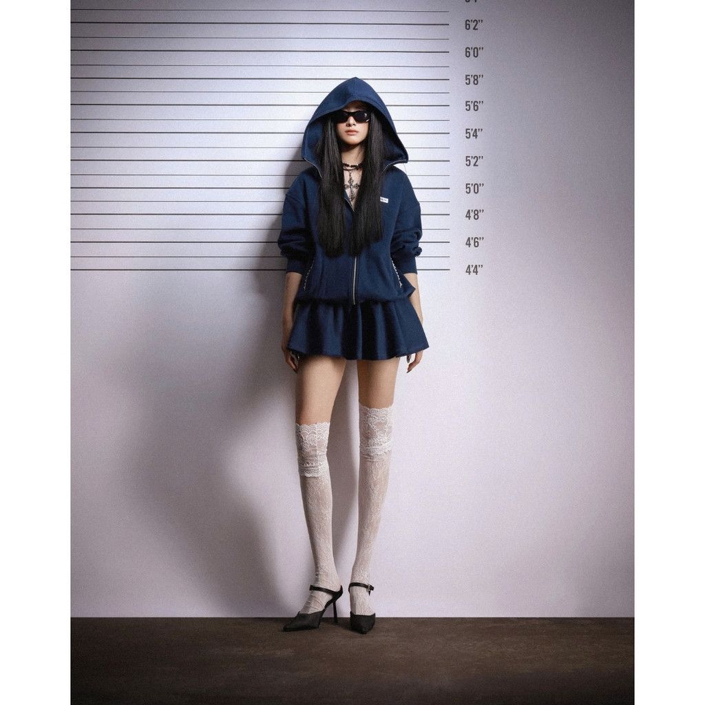 SoDópe Club – Set áo khoác nỉ xanh khoá kéo mũ trùm đầu Bom SDC Coat và chân váy quần nỉ ngắn xanh N