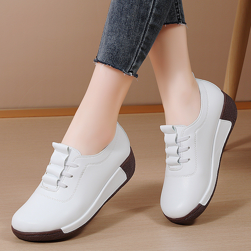 New Genuine Leather Women's Sneakers Thick-Soled White Shoes Wedge Casual Rocking Shoes Large Size K