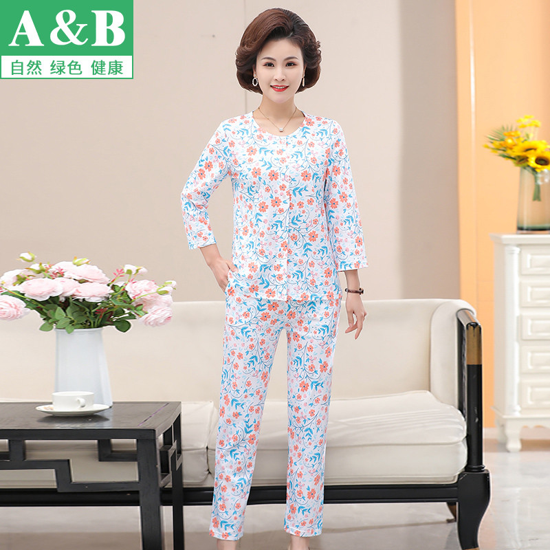 AB Cotton Nguyên Chất Home Pyjama Quần Nữ Mùa Hè Trung Niên Mẹ Cotton Rời Ba Phần Tư Tay Áo Cardigan