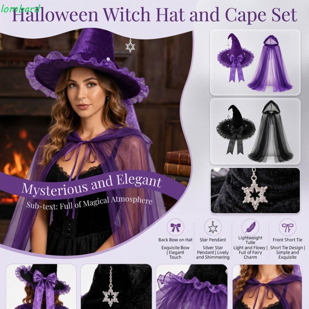 LOMBARD Halloween Mũ Phù Thủy Bộ Áo Khoác, Nhập Vai Có Mũ Lưới Mũ Phù Thủy Có Mũ Trùm Đầu Áo Khoác, 