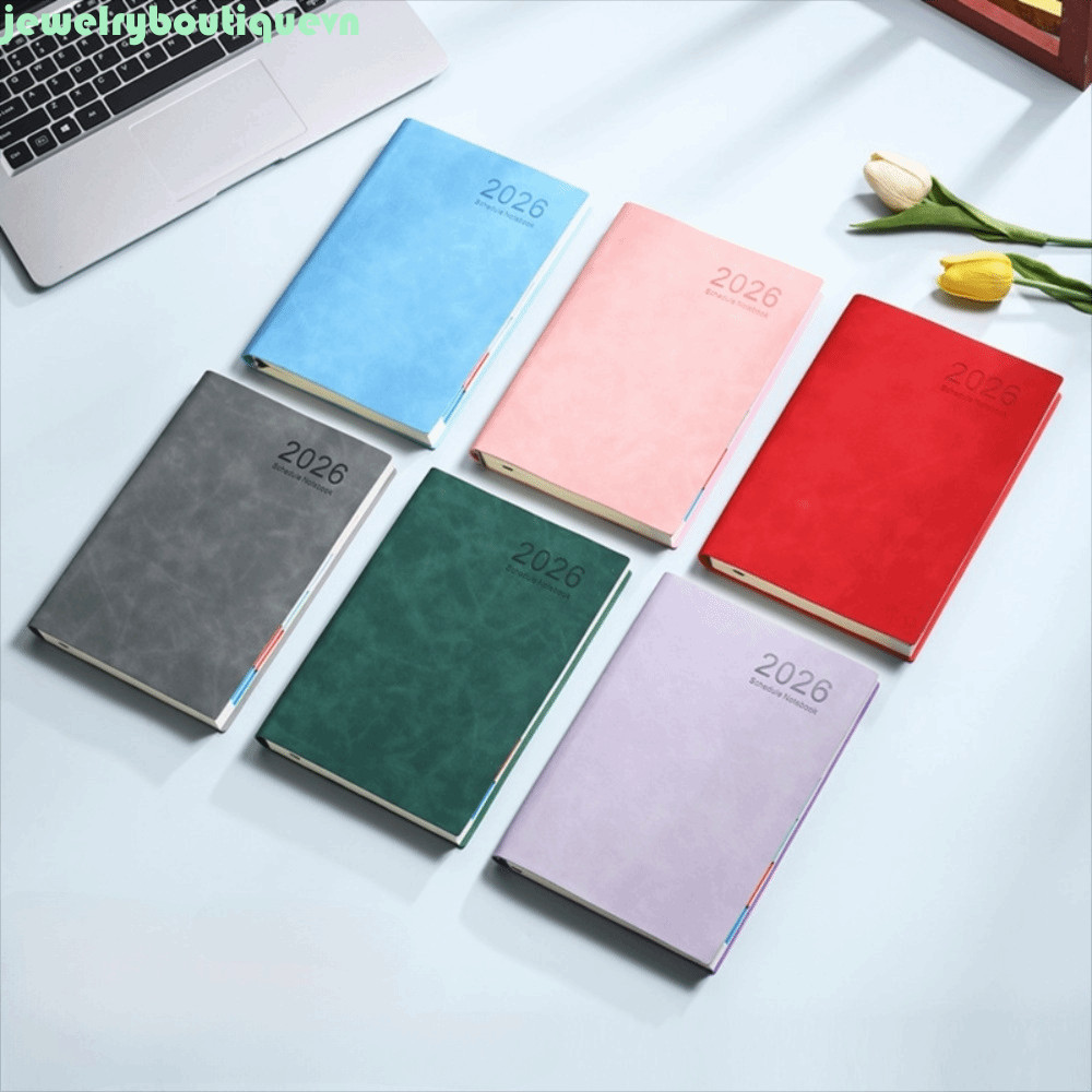 Sổ tay lịch trình 365 ngày JEWE 2026, có ruy băng Bookmark Bao da PU Sổ tay chương trình nghị sự, Gi