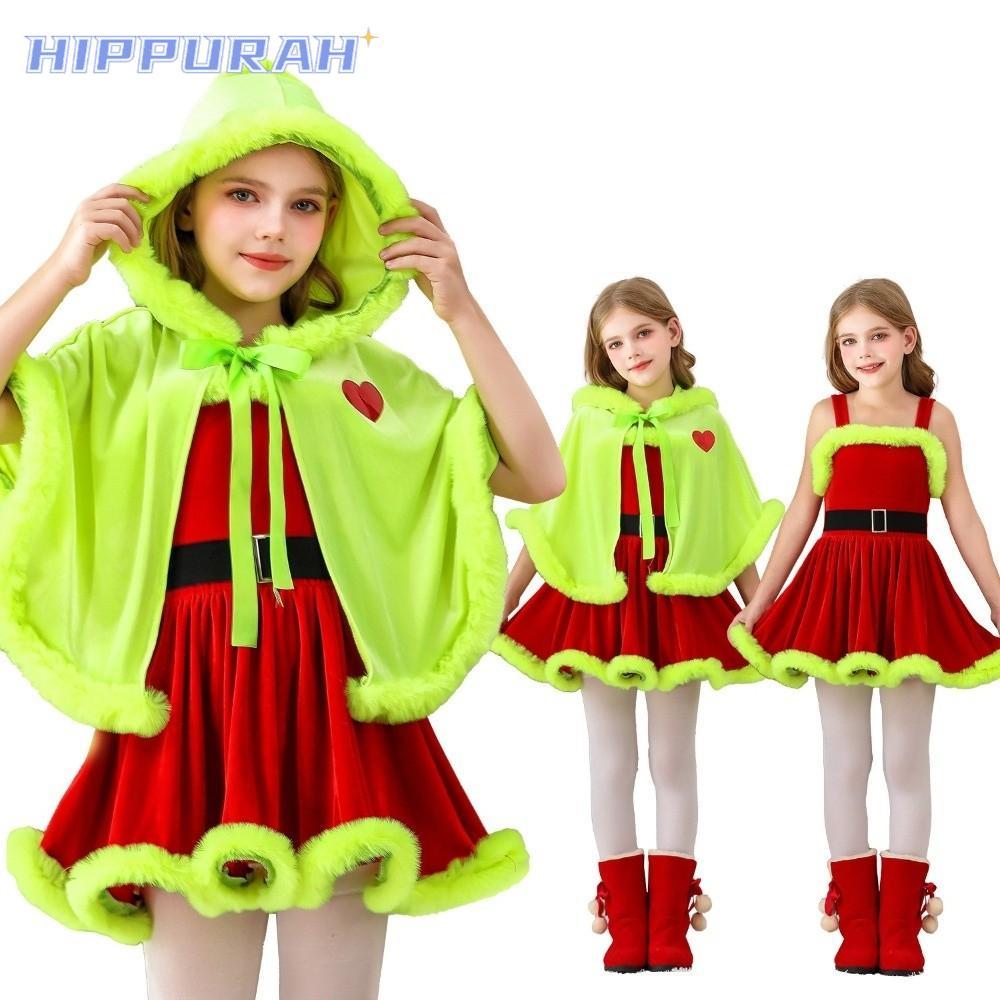 HIPPURAH Trang phục yêu tinh Giáng sinh, Váy lạ mắt cho bé gái Bộ đồ Giáng sinh Grinch Áo choàng Tan
