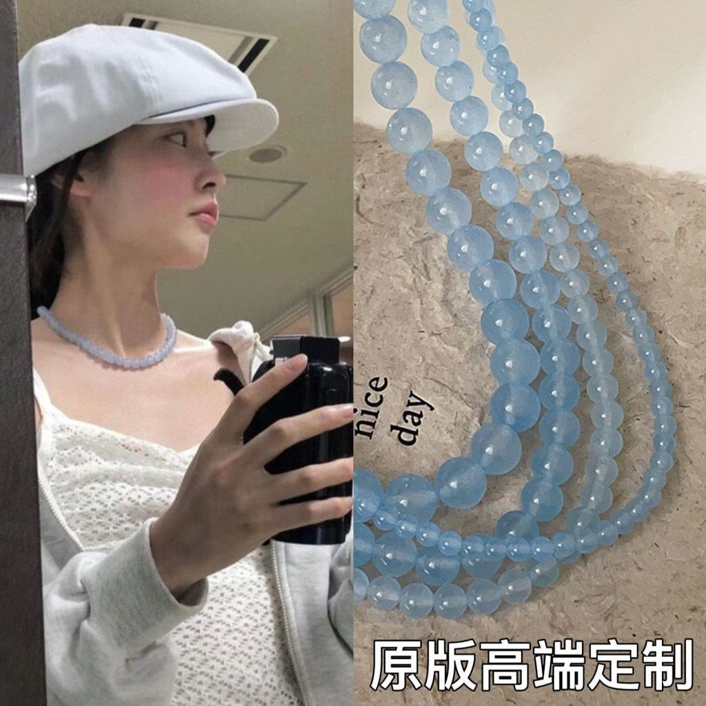TQ~Korean-style fresh blue chalcedony beaded necklace INS Blogger's same style clavicle chain, youth