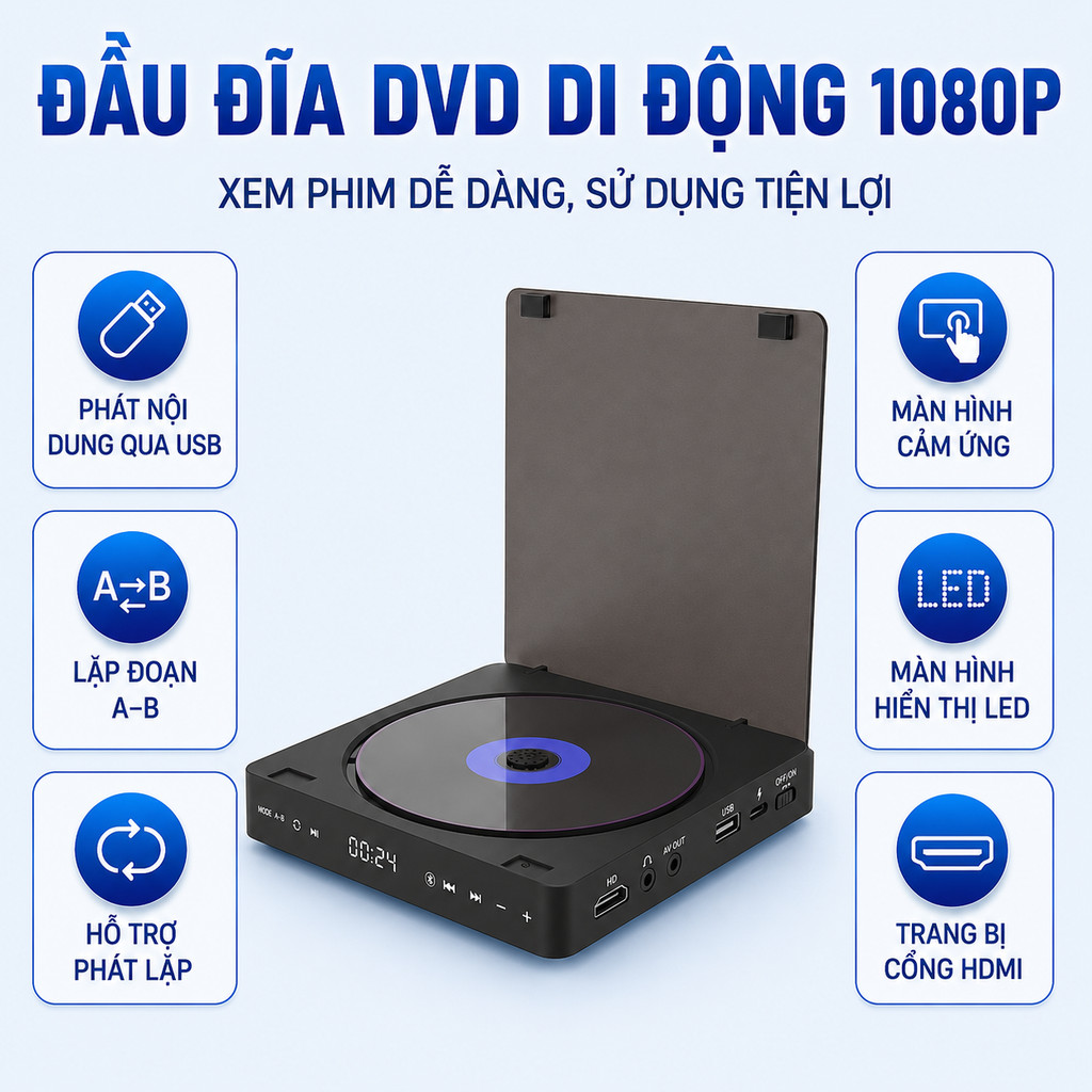 Đầu đĩa DVD, máy DVD di động, đầu phát đĩa DVD, máy xem phim DVD, phát qua USB, 1080P, dùng tại phòn
