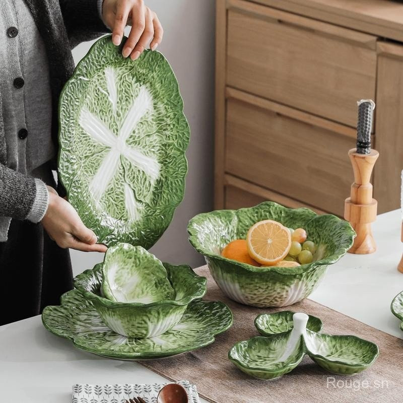 Green Cabbage Plate Set, Realistic Fake Cabbage Shape, Underglaze Colored Ceramic, Flower Shape, Fru