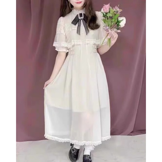 Rojita Nhật Bản Mỏ Dòng Sản Xuất Đại Chúng Loại Bao Gạc Áo Nửa Tay Miễn Phí Trâm Nơ Đôi Ren Đầm